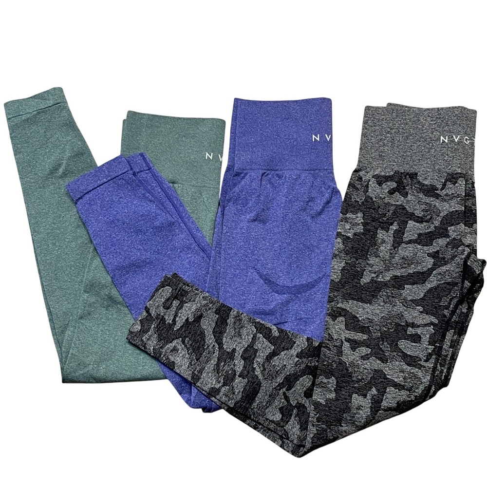 Lot of 3 NVGTN Seamless Leggings Small Medium Camo Purple Green High Waisted